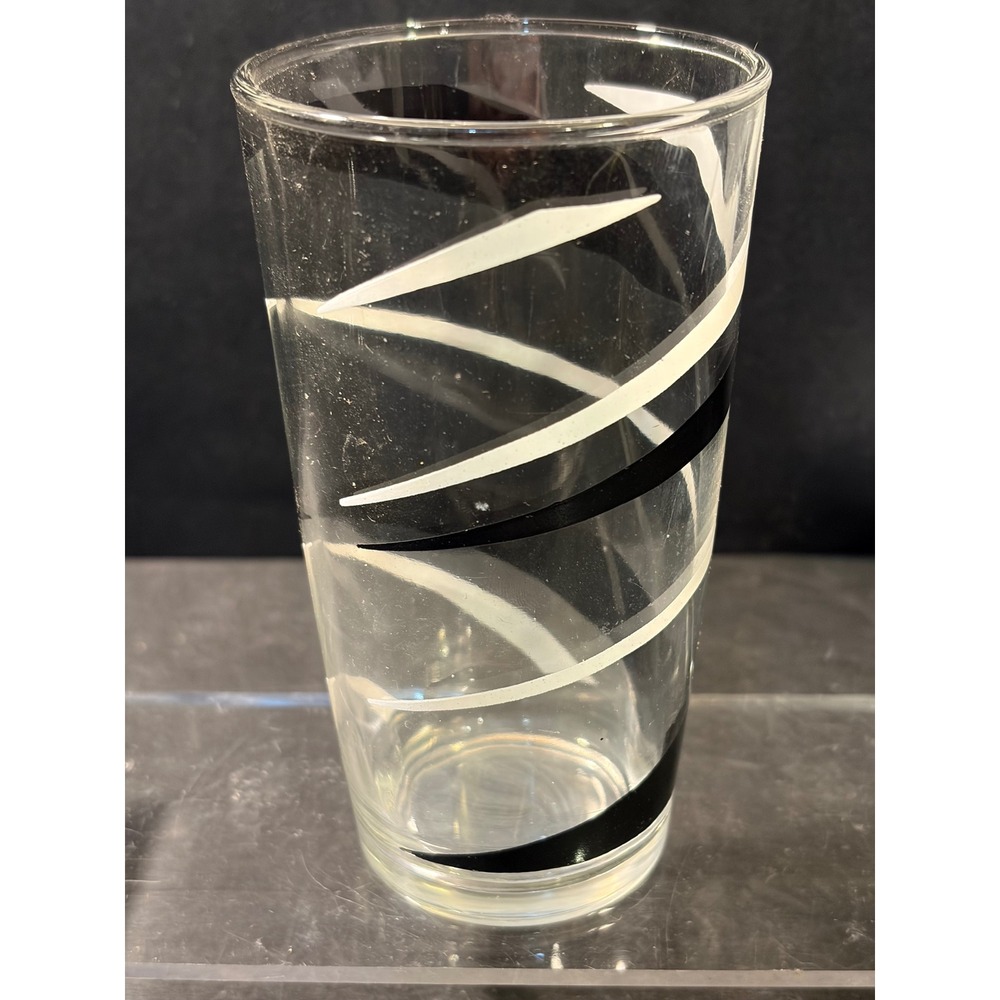 Vintage Black and White Graphic Swirl Clear Glass Tumbler Highball Drinking Cup